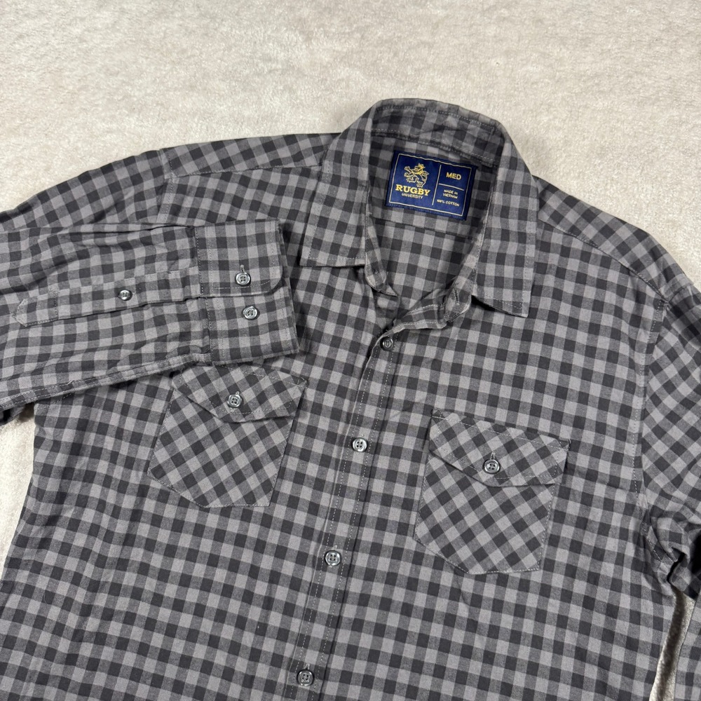 Rugby University Shirt Mens Medium Grey Gingham Button Down Long Sleeve 2 Pocket